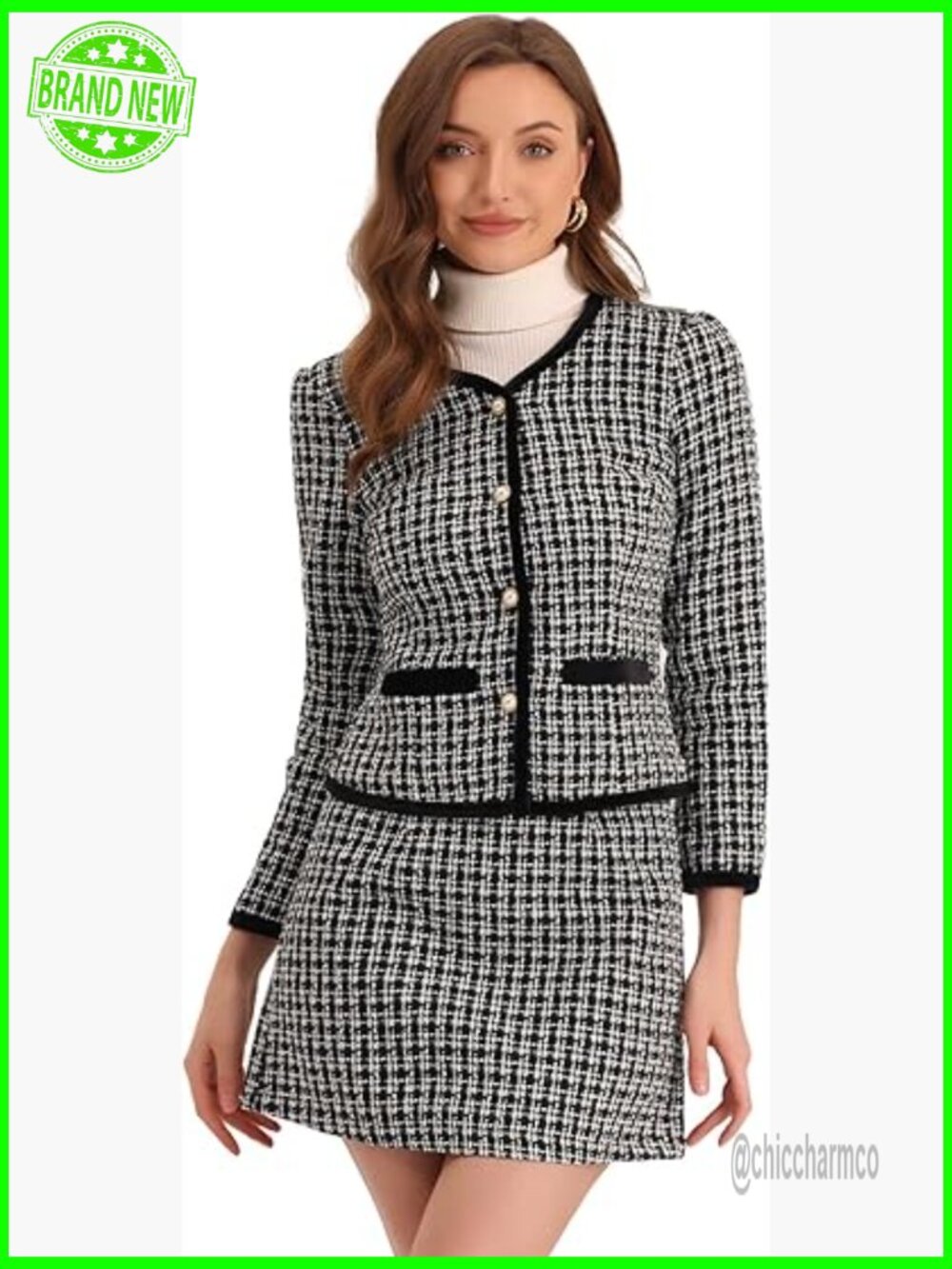 Plaid Tweed 2-Piece Suit Set - Blazer & Skirt